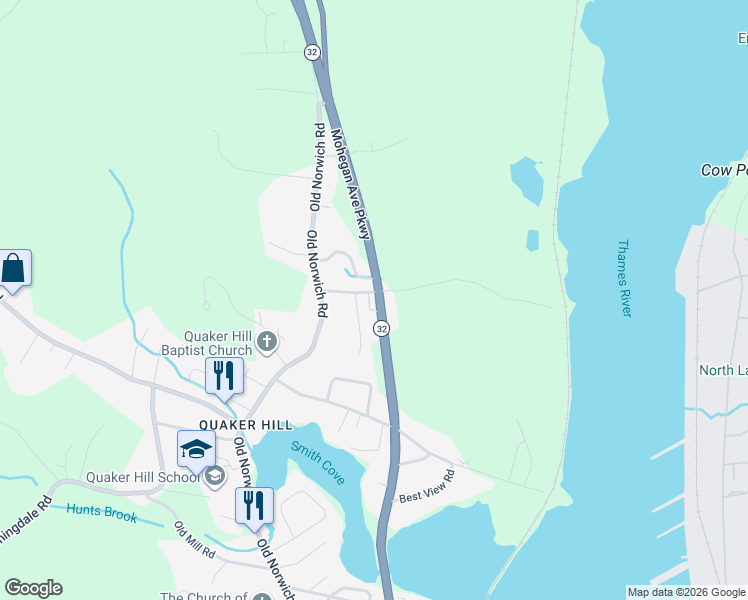 map of restaurants, bars, coffee shops, grocery stores, and more near 560 Mohegan Avenue Parkway in Waterford