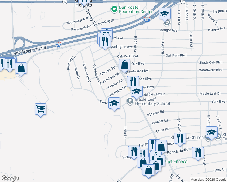 map of restaurants, bars, coffee shops, grocery stores, and more near 11717 Hastings Rd in Garfield Heights