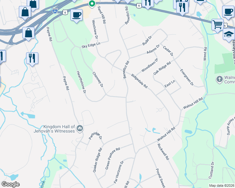 map of restaurants, bars, coffee shops, grocery stores, and more near 34 Chimney Drive in Bethel