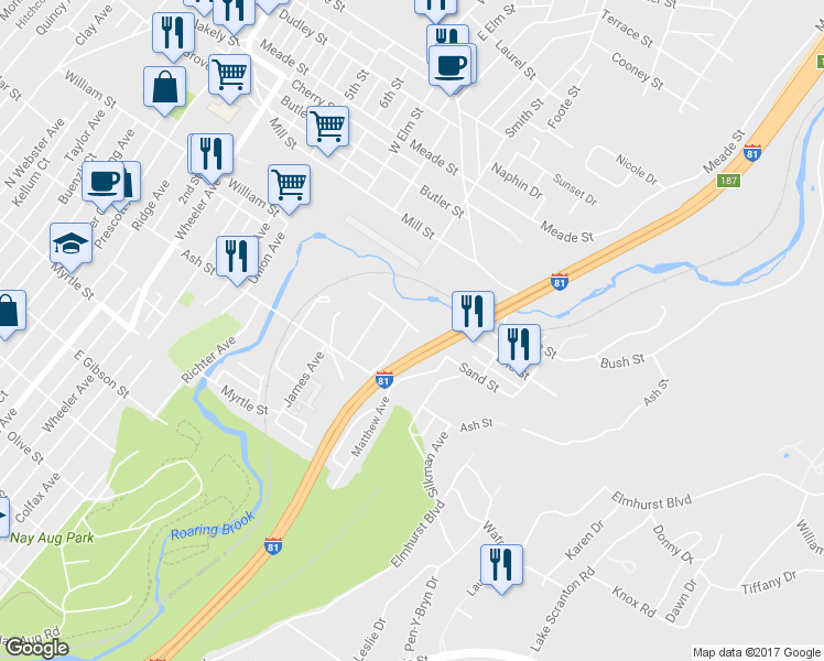 map of restaurants, bars, coffee shops, grocery stores, and more near 1050 Kurtz Street in Scranton