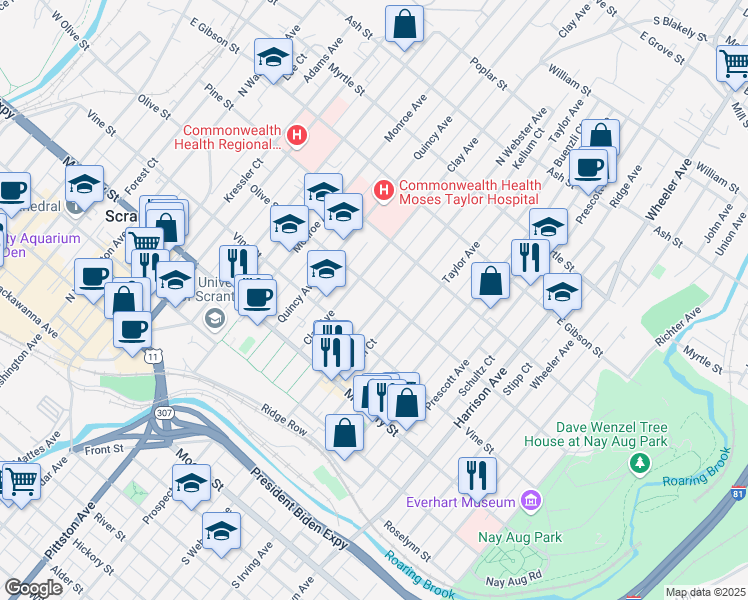 map of restaurants, bars, coffee shops, grocery stores, and more near 1140 Olive Street in Scranton