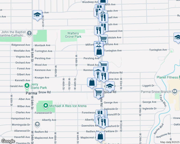 map of restaurants, bars, coffee shops, grocery stores, and more near 3913 Kenmore Avenue in Parma