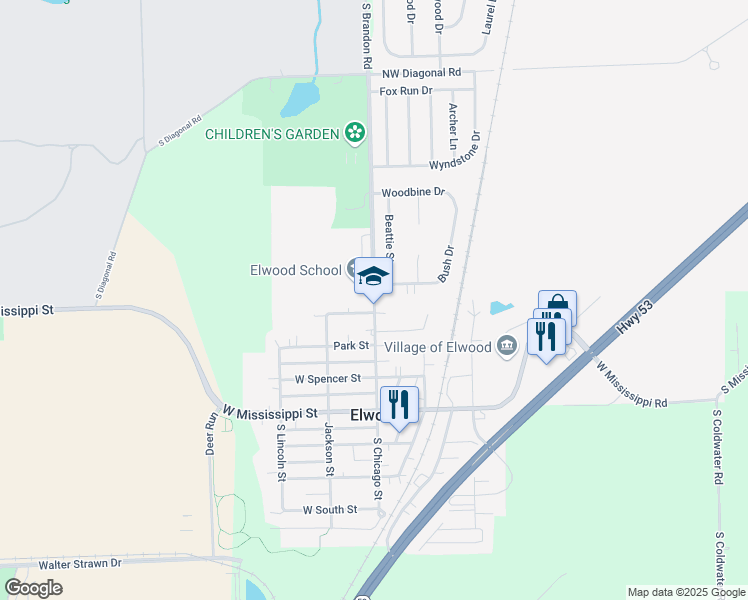map of restaurants, bars, coffee shops, grocery stores, and more near 409 North Chicago Street in Elwood