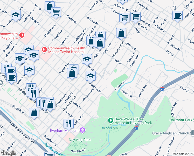 map of restaurants, bars, coffee shops, grocery stores, and more near 837R Wheeler Avenue in Scranton