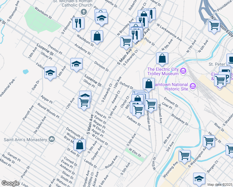map of restaurants, bars, coffee shops, grocery stores, and more near 918 Luzerne Street in Scranton