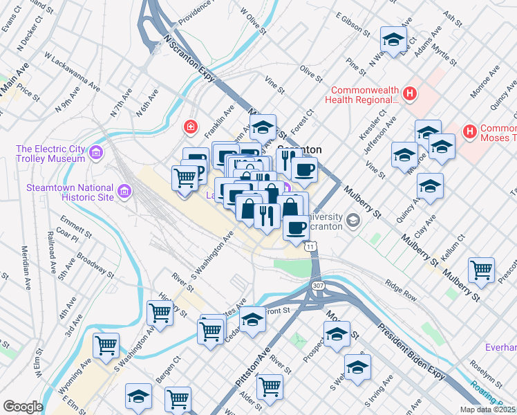 map of restaurants, bars, coffee shops, grocery stores, and more near 524 Spruce Street in Scranton