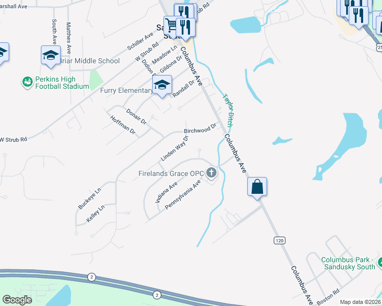 map of restaurants, bars, coffee shops, grocery stores, and more near 303 Michigan Avenue in Sandusky