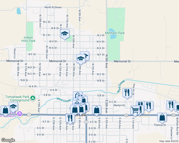 map of restaurants, bars, coffee shops, grocery stores, and more near 323 North 7th Avenue in Broken Bow