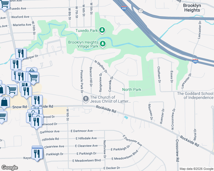 map of restaurants, bars, coffee shops, grocery stores, and more near 5698 Cascade Drive in Seven Hills
