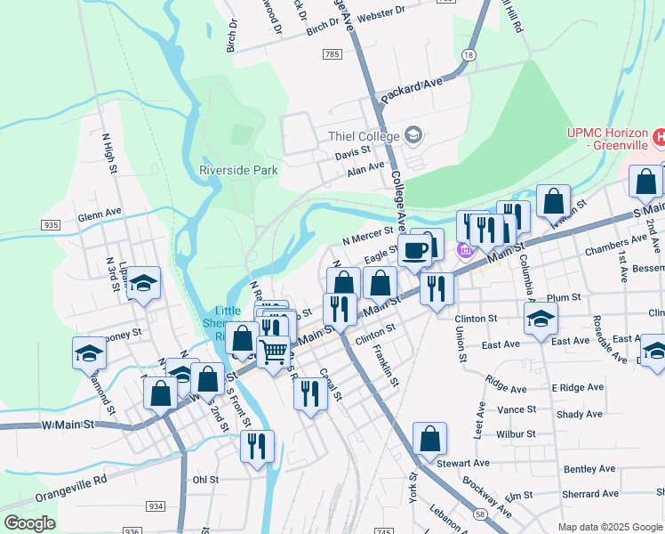 map of restaurants, bars, coffee shops, grocery stores, and more near 8 Eagle Street in Greenville