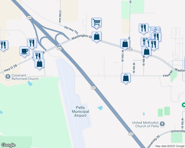 map of restaurants, bars, coffee shops, grocery stores, and more near 2121 Fifield Road in Pella