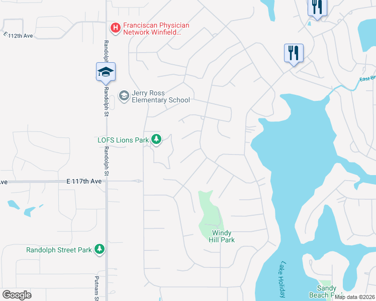 map of restaurants, bars, coffee shops, grocery stores, and more near 3117 Devonshire Circle in Crown Point