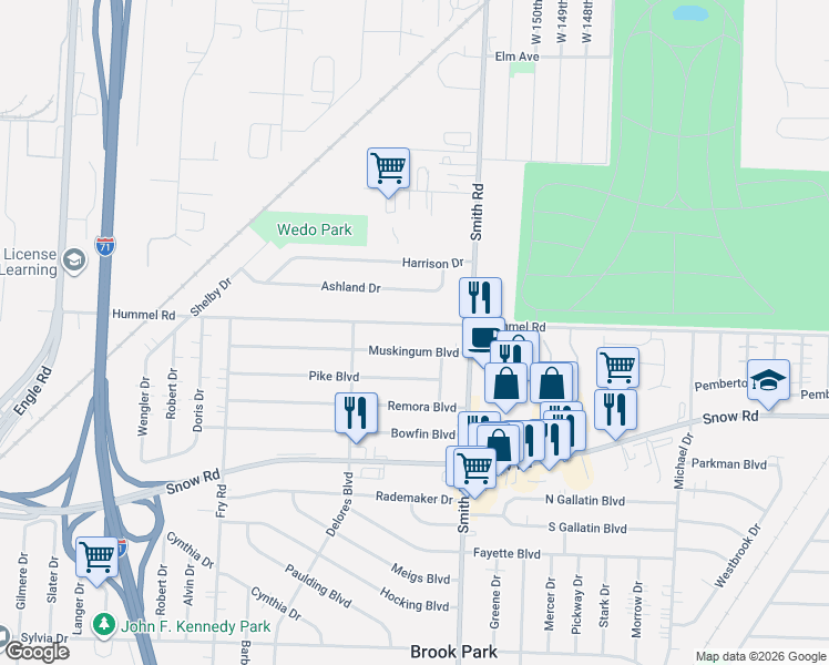 map of restaurants, bars, coffee shops, grocery stores, and more near 15424 Muskingum Boulevard in Brook Park