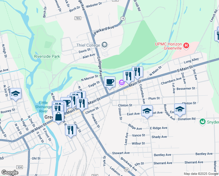 map of restaurants, bars, coffee shops, grocery stores, and more near 294 Main Street in Greenville