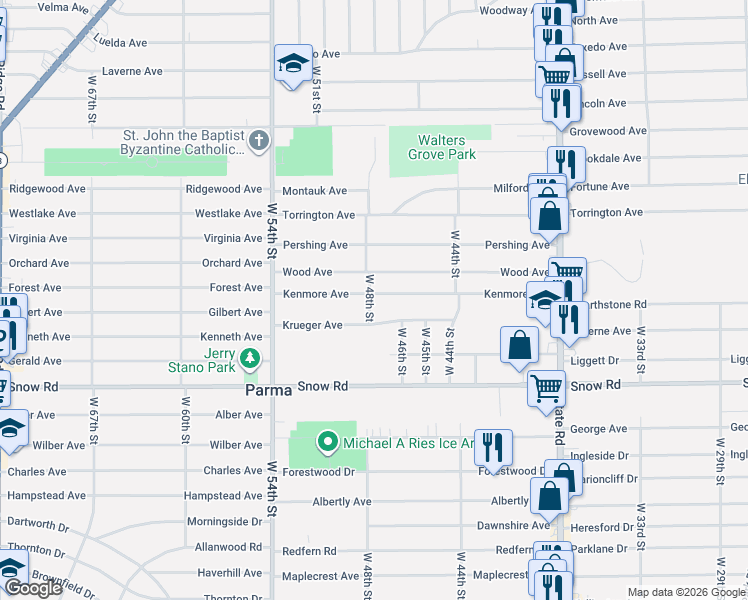 map of restaurants, bars, coffee shops, grocery stores, and more near 4719 Kenmore Avenue in Parma