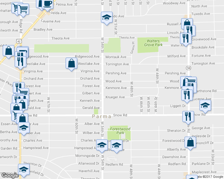 map of restaurants, bars, coffee shops, grocery stores, and more near 5115 Kenmore Avenue in Parma