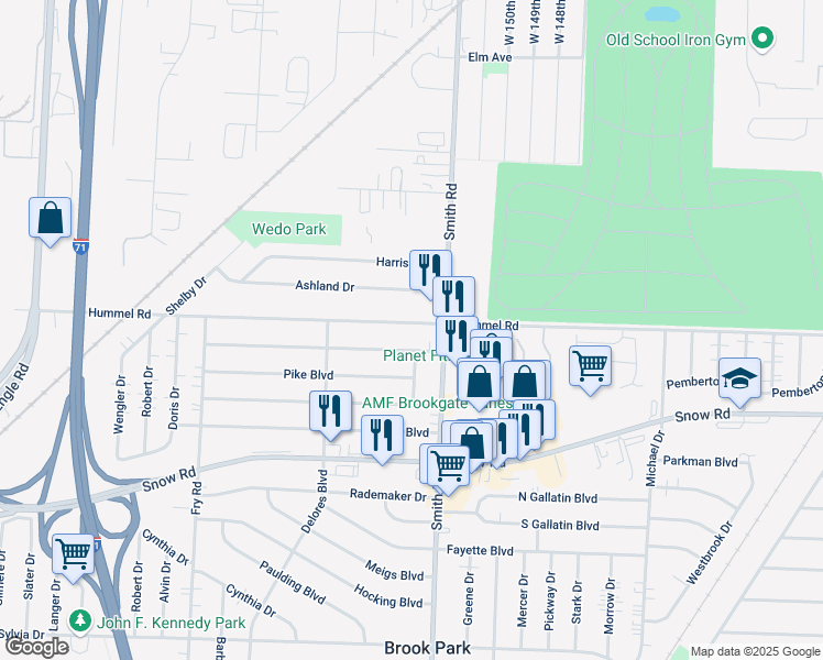 map of restaurants, bars, coffee shops, grocery stores, and more near 15424 Muskingum Boulevard in Brook Park