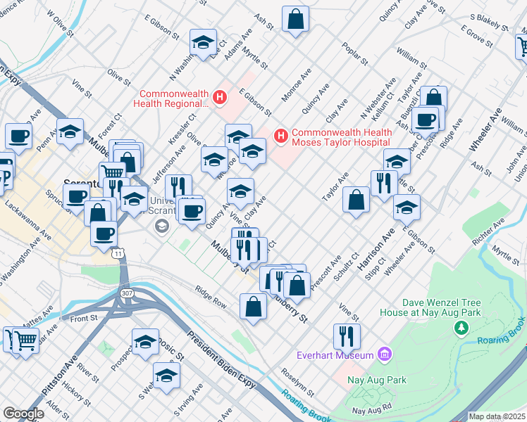 map of restaurants, bars, coffee shops, grocery stores, and more near 1140 Olive Street in Scranton