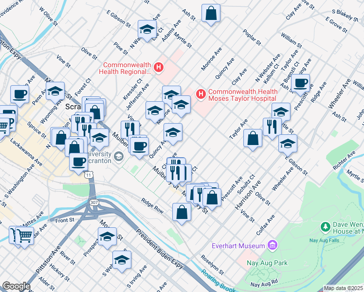 map of restaurants, bars, coffee shops, grocery stores, and more near 515 Clay Avenue in Scranton