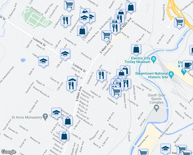 map of restaurants, bars, coffee shops, grocery stores, and more near 918 Luzerne Street in Scranton