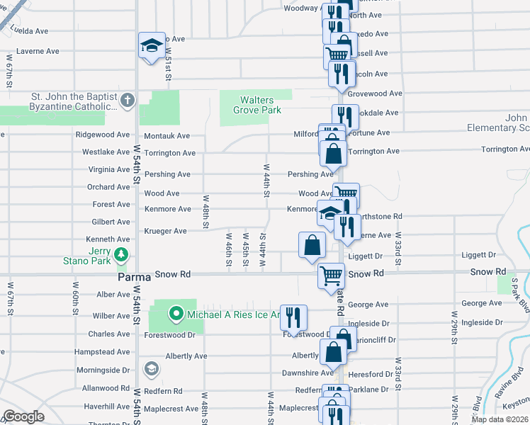 map of restaurants, bars, coffee shops, grocery stores, and more near 4419 Kenmore Avenue in Parma