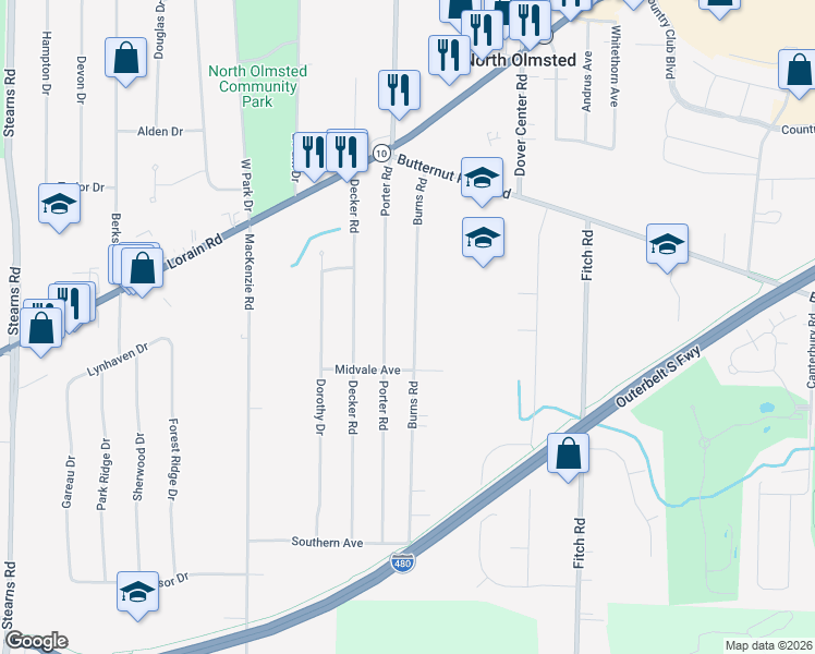 map of restaurants, bars, coffee shops, grocery stores, and more near 5673 Porter Road in North Olmsted