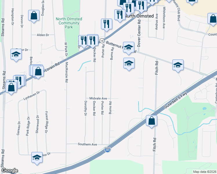 map of restaurants, bars, coffee shops, grocery stores, and more near 5673 Porter Road in North Olmsted