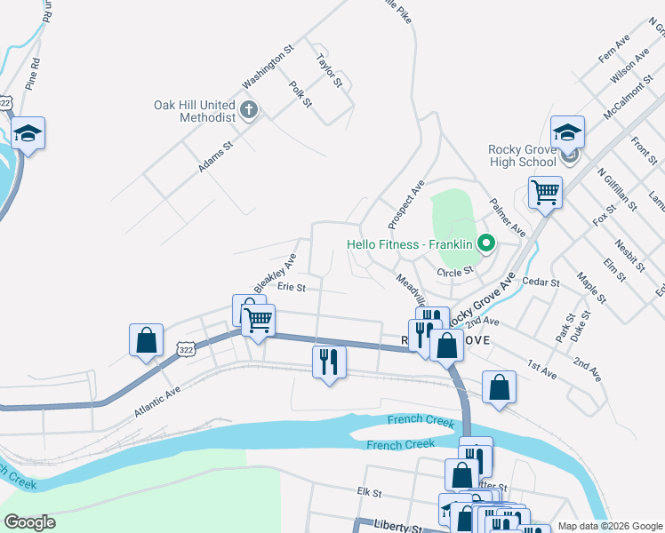 map of restaurants, bars, coffee shops, grocery stores, and more near 506 Spring Street in Franklin