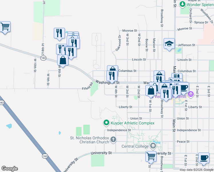 map of restaurants, bars, coffee shops, grocery stores, and more near 808 West 5th Street in Pella