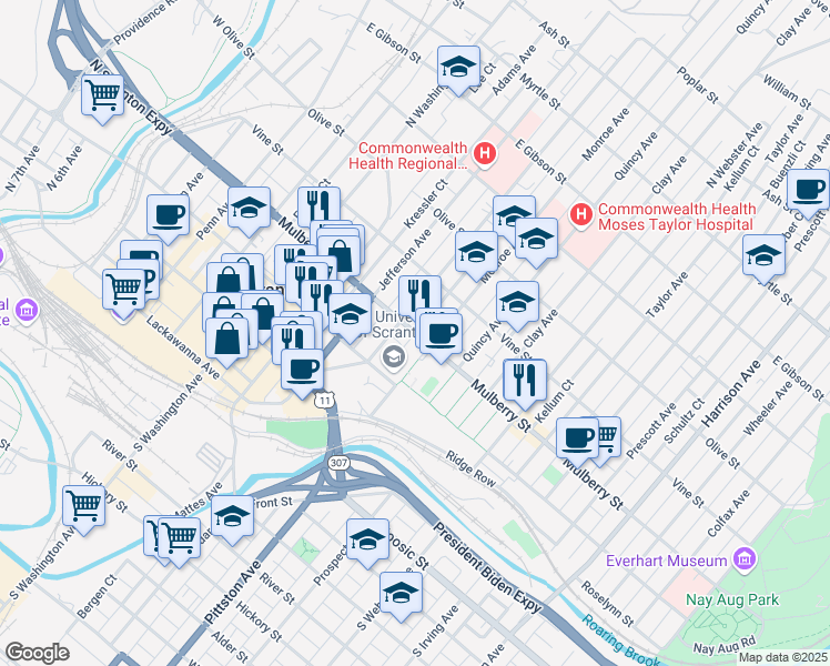 map of restaurants, bars, coffee shops, grocery stores, and more near 900 Mulberry Street in Scranton