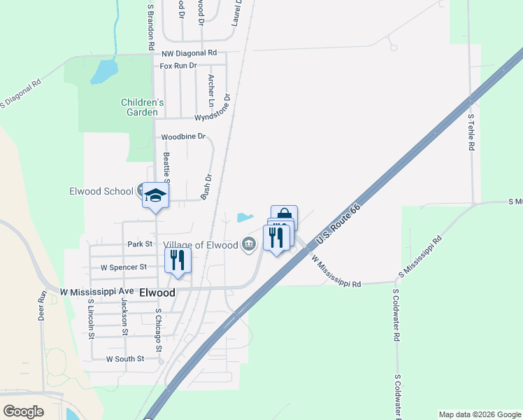 map of restaurants, bars, coffee shops, grocery stores, and more near 401 Mississippi Avenue in Elwood