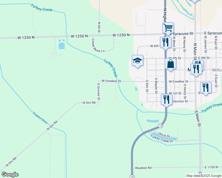 map of restaurants, bars, coffee shops, grocery stores, and more near 910 West Emeline Street in Milford