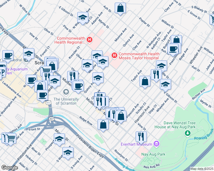 map of restaurants, bars, coffee shops, grocery stores, and more near 520 Clay Avenue in Scranton