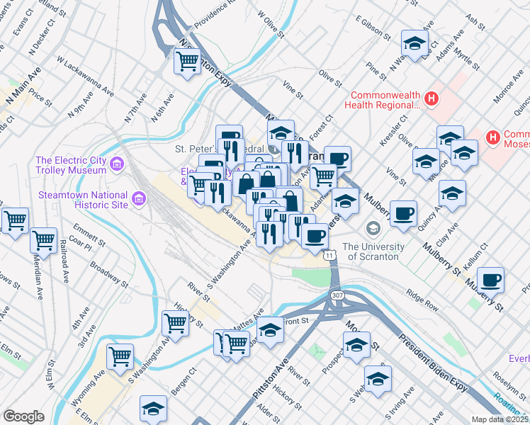map of restaurants, bars, coffee shops, grocery stores, and more near 125 North Washington Avenue in Scranton