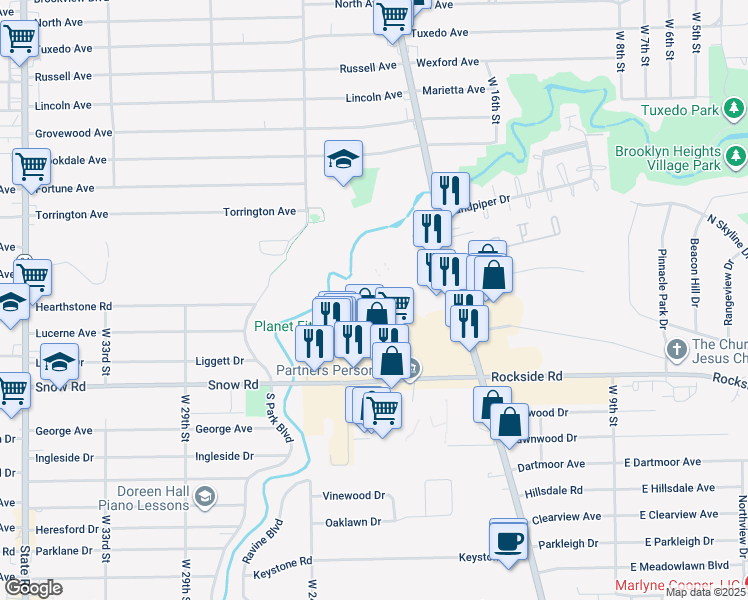 map of restaurants, bars, coffee shops, grocery stores, and more near 5686 Broadview Road in Parma