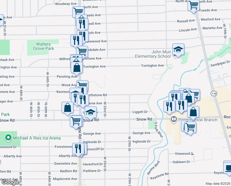 map of restaurants, bars, coffee shops, grocery stores, and more near 3015 Hearthstone Road in Parma