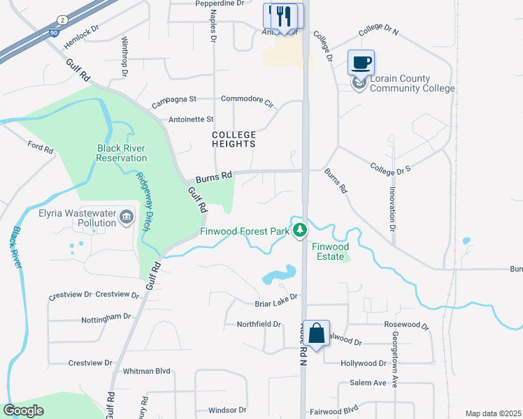 map of restaurants, bars, coffee shops, grocery stores, and more near 152 Hillcrest Lane in Elyria