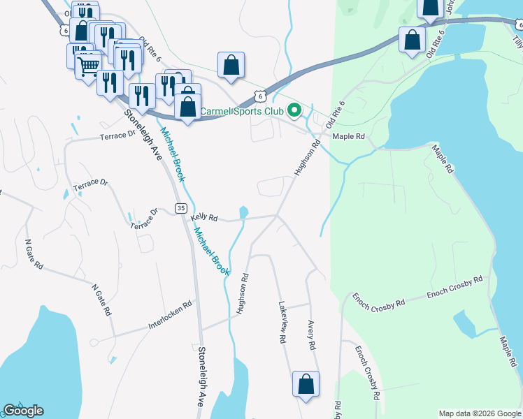 map of restaurants, bars, coffee shops, grocery stores, and more near 50 Kelly Road in Carmel Hamlet