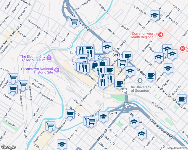 map of restaurants, bars, coffee shops, grocery stores, and more near 401 Lackawanna Avenue in Scranton
