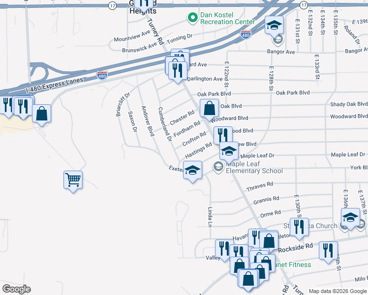 map of restaurants, bars, coffee shops, grocery stores, and more near 5711 Cumberland Drive in Garfield Heights