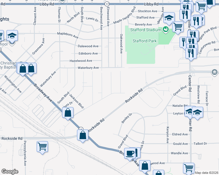 map of restaurants, bars, coffee shops, grocery stores, and more near 21 Cresswell Avenue in Bedford