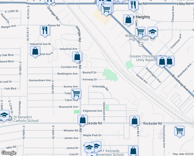map of restaurants, bars, coffee shops, grocery stores, and more near 15504 Fernway Drive in Maple Heights