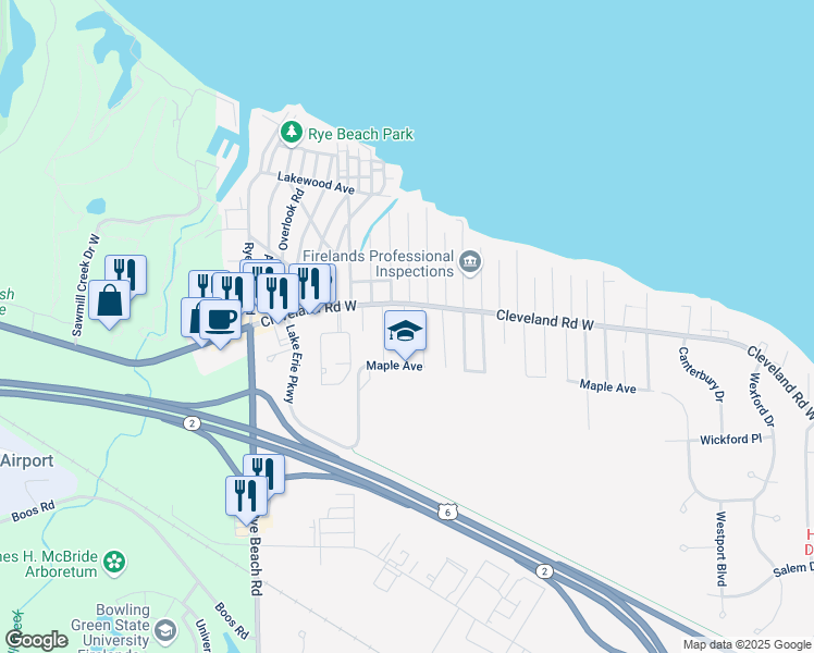 map of restaurants, bars, coffee shops, grocery stores, and more near 310 Buckeye Road in Huron