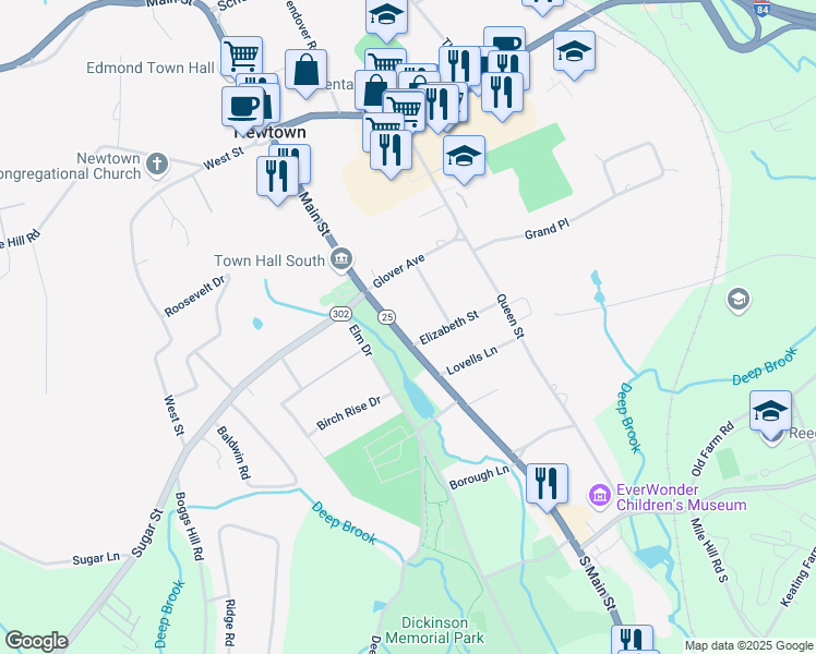 map of restaurants, bars, coffee shops, grocery stores, and more near 9 South Main Street in Newtown