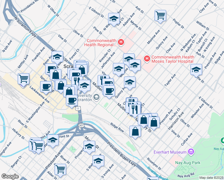 map of restaurants, bars, coffee shops, grocery stores, and more near 424 Monroe Avenue in Scranton