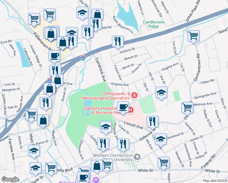 map of restaurants, bars, coffee shops, grocery stores, and more near 59 Dean Street in Danbury