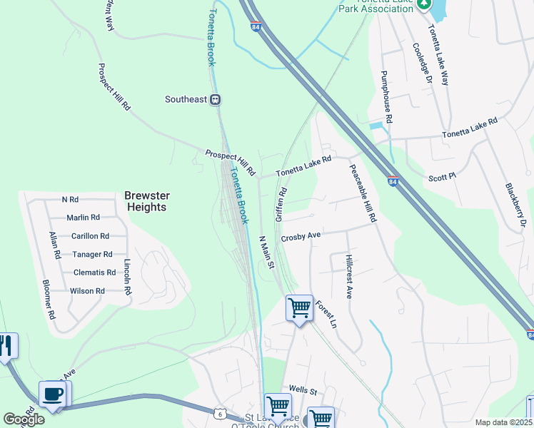 map of restaurants, bars, coffee shops, grocery stores, and more near 650 North Main Street in Brewster