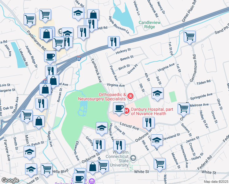 map of restaurants, bars, coffee shops, grocery stores, and more near 59 Dean Street in Danbury