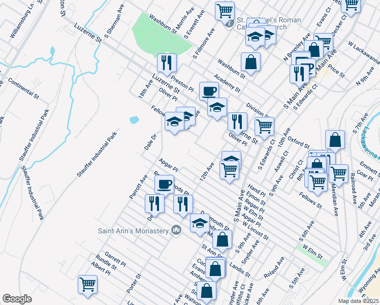 map of restaurants, bars, coffee shops, grocery stores, and more near 1306 Eynon Street in Scranton