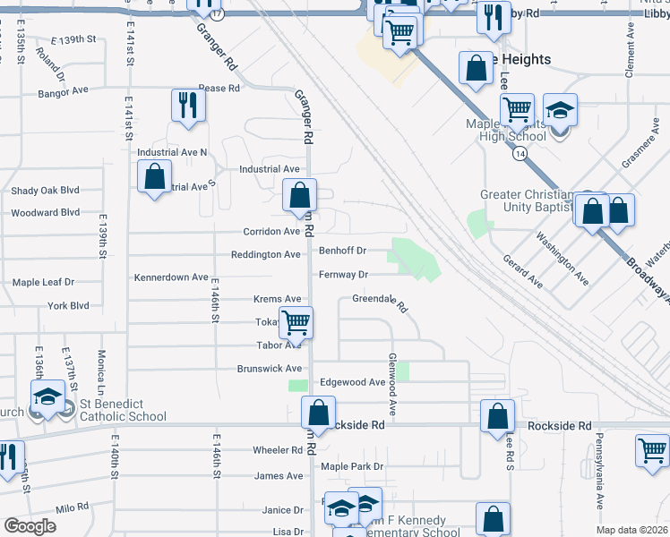 map of restaurants, bars, coffee shops, grocery stores, and more near 15304 Fernway Drive in Maple Heights